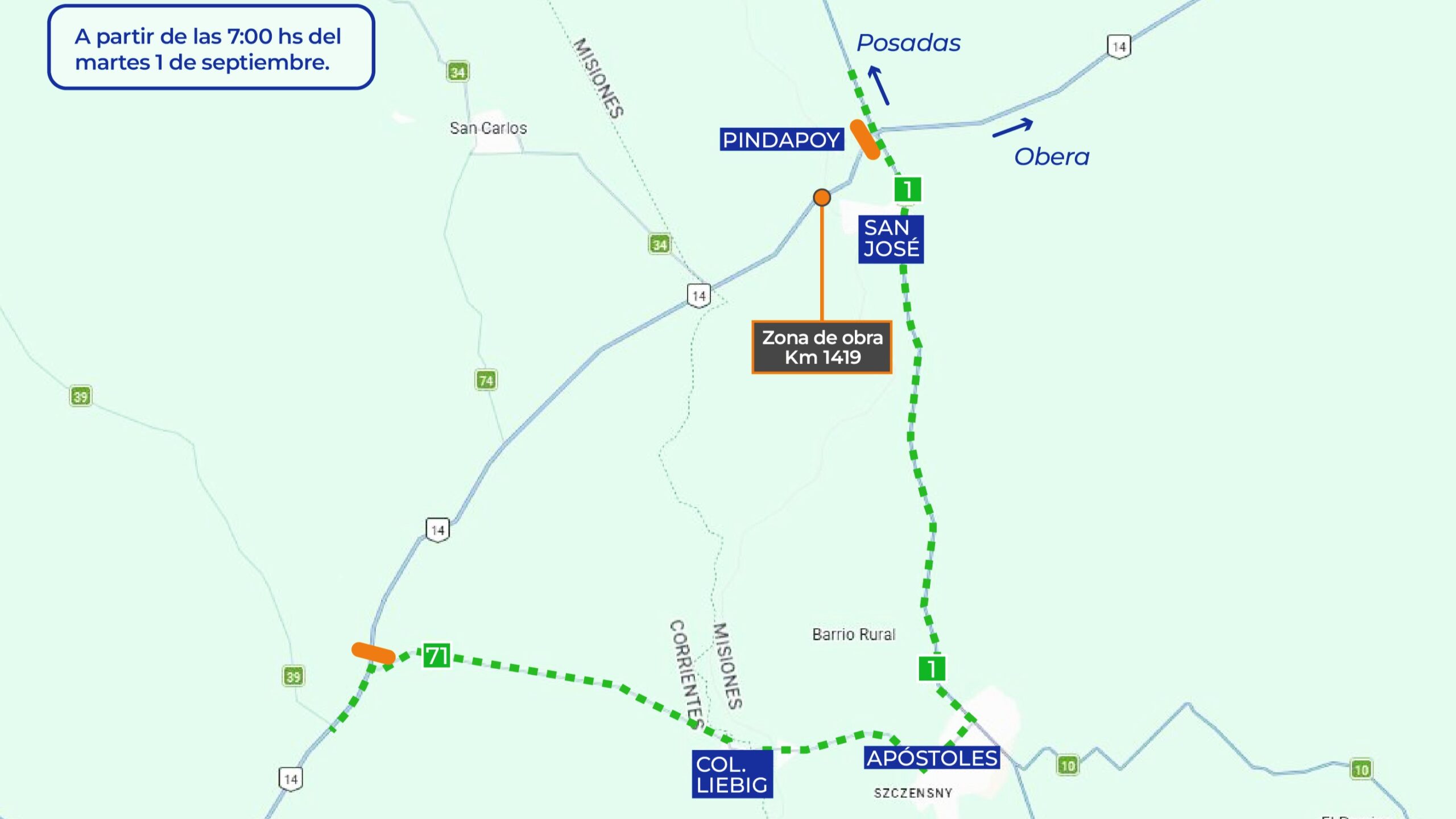 Posadas: tareas de emergencia sobre la RN 14 desviarán el ingreso a Misiones